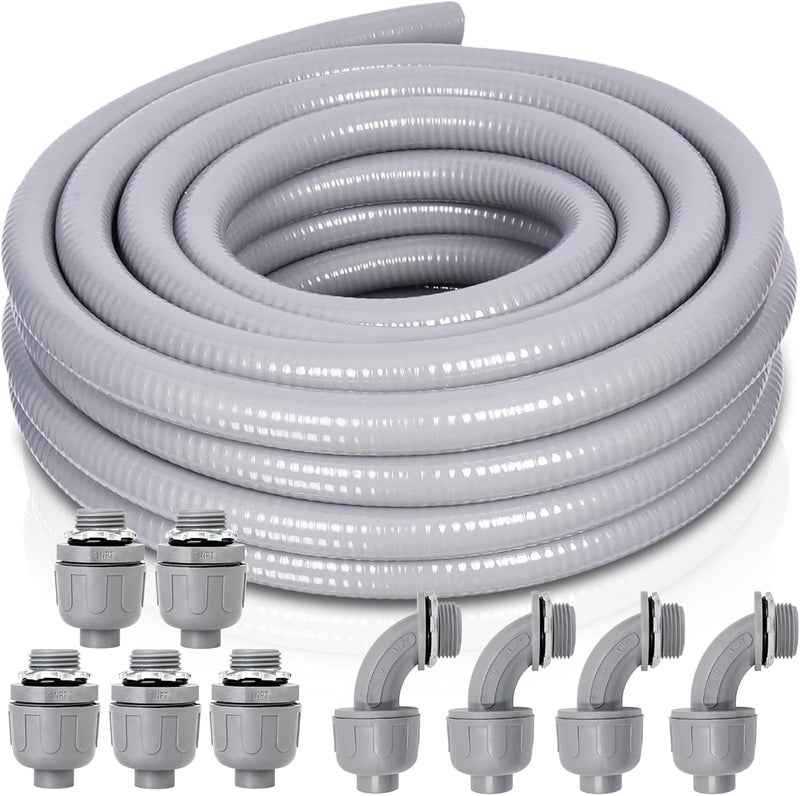 Feotech 1 Inch 25 FT Non Metallic Liquid-Tight Conduit and Connector Kit - Includes 5 Straight and 4 Angle Fittings for Electrical Wiring - Image 1